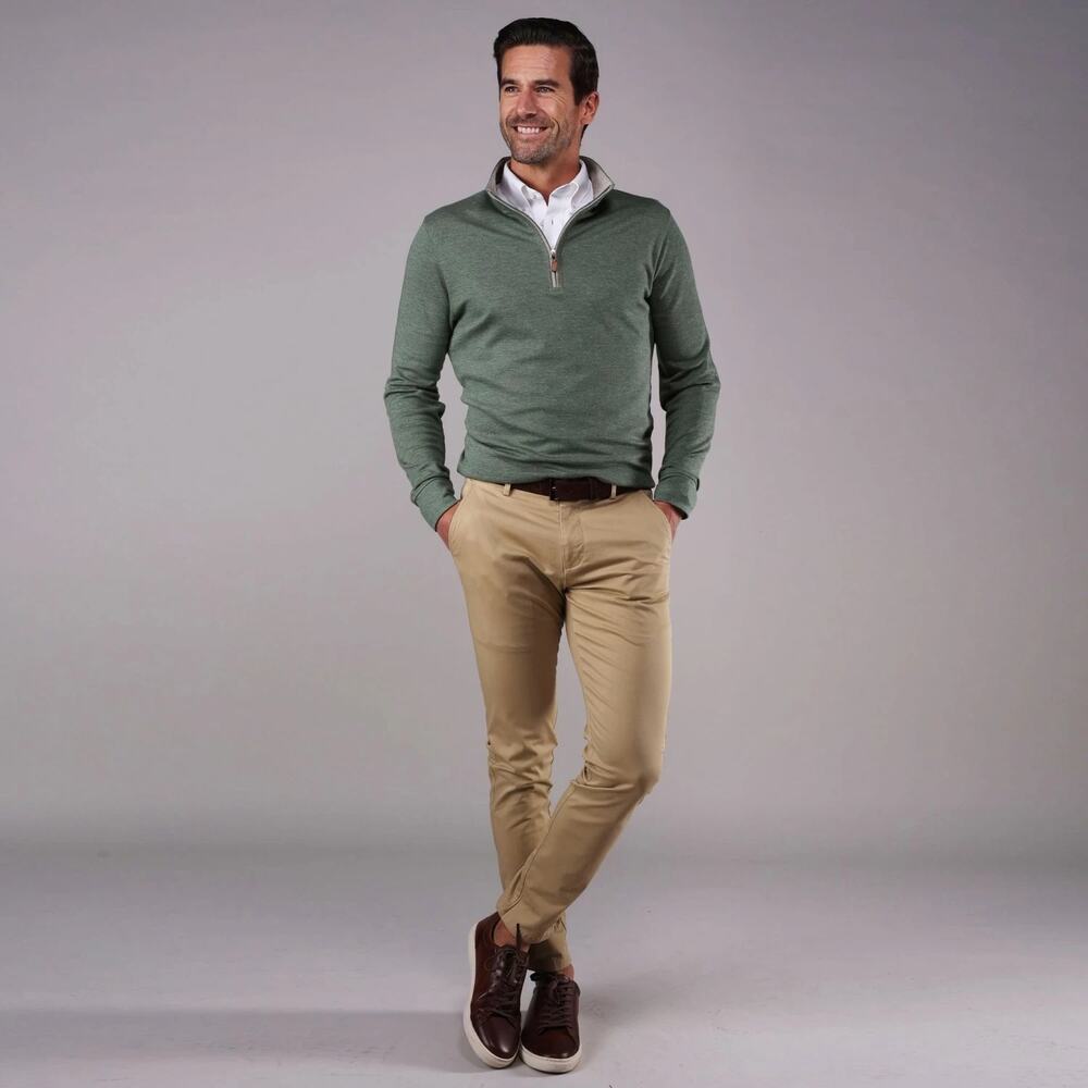 NWT Collars & Co Heather Cloud Cotton Quarter Zip Evergreen with Grey Trim M